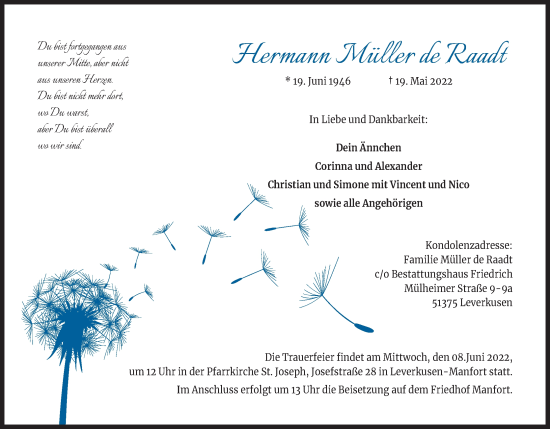 Anzeige von Hermann Müller de Raadt von Kölner Stadt-Anzeiger / Kölnische Rundschau / Express