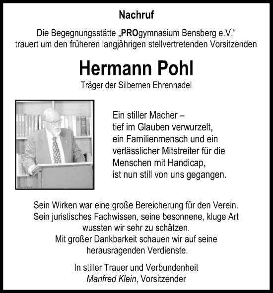 Anzeige von Hermann Pohl von Kölner Stadt-Anzeiger / Kölnische Rundschau / Express