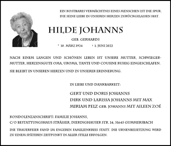 Anzeige von Hilde Johanns von Kölner Stadt-Anzeiger / Kölnische Rundschau / Express