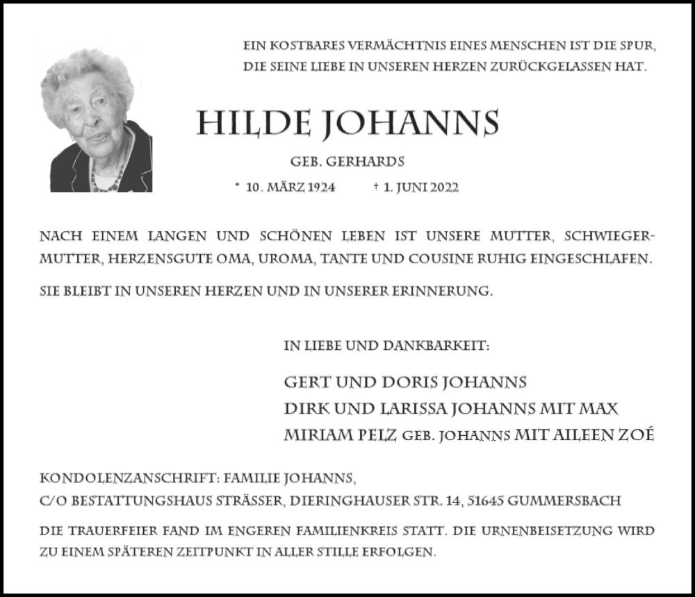  Traueranzeige für Hilde Johanns vom 24.06.2022 aus  Anzeigen Echo 