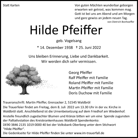 Anzeige von Hilde Pfeiffer von  Lokalanzeiger 