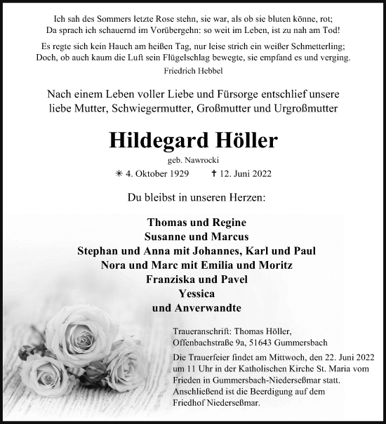 Anzeige von Hildegard Höller von Kölner Stadt-Anzeiger / Kölnische Rundschau / Express