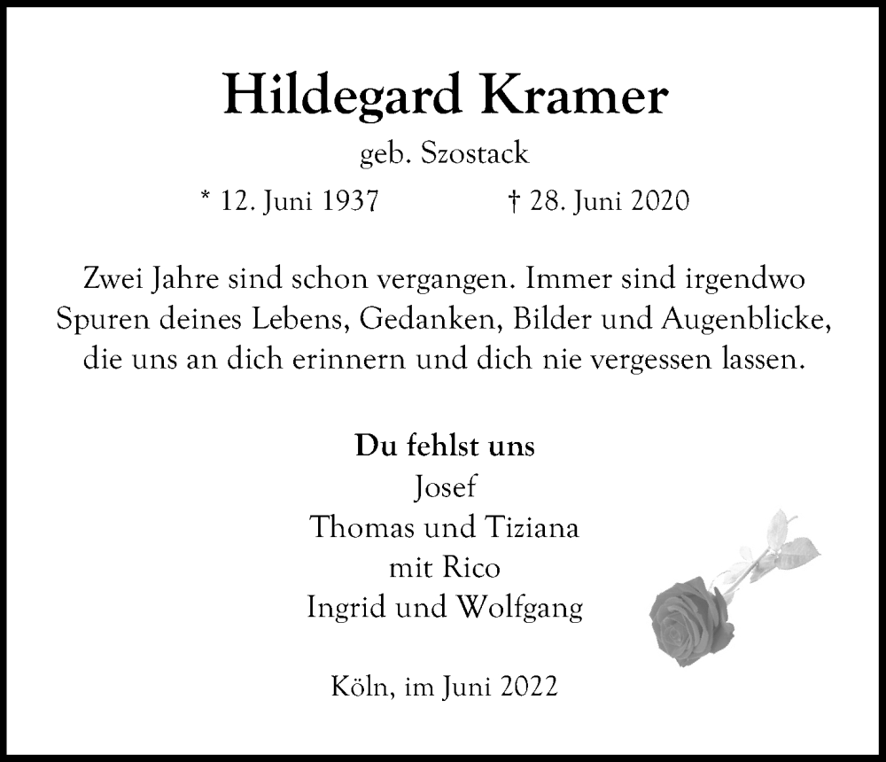  Traueranzeige für Hildegard Kramer vom 25.06.2022 aus Kölner Stadt-Anzeiger / Kölnische Rundschau / Express