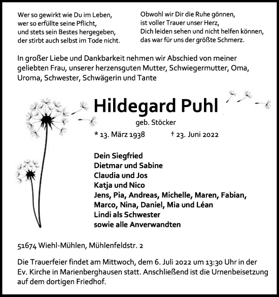 Anzeige von Hildegard Puhl von Kölner Stadt-Anzeiger / Kölnische Rundschau / Express
