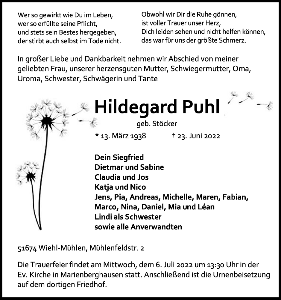  Traueranzeige für Hildegard Puhl vom 29.06.2022 aus Kölner Stadt-Anzeiger / Kölnische Rundschau / Express