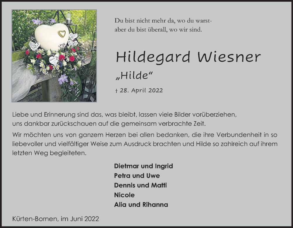  Traueranzeige für Hildegard Wiesner vom 25.06.2022 aus Kölner Stadt-Anzeiger / Kölnische Rundschau / Express