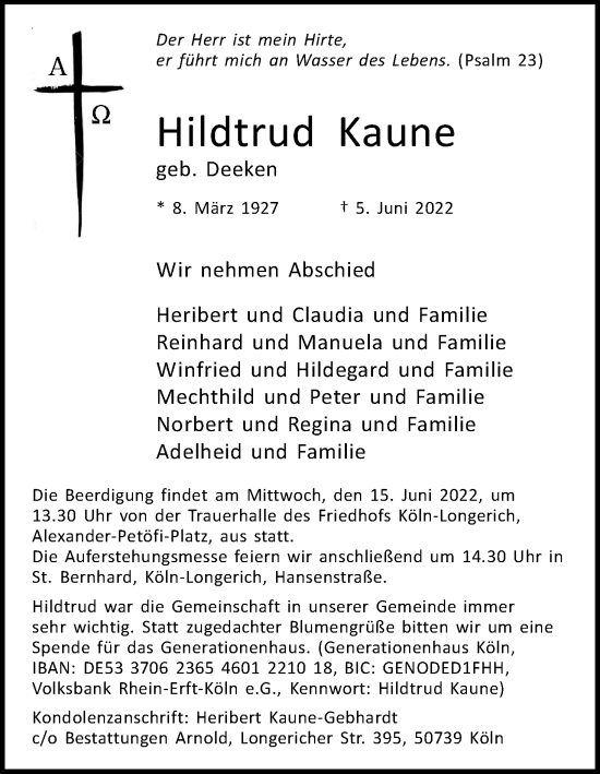 Anzeige von Hildtrud Kaune von Kölner Stadt-Anzeiger / Kölnische Rundschau / Express