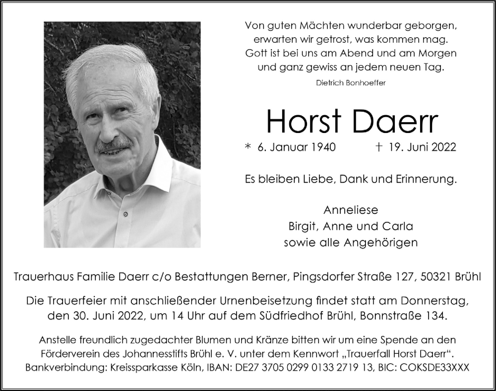  Traueranzeige für Horst Daerr vom 24.06.2022 aus  Schlossbote/Werbekurier 