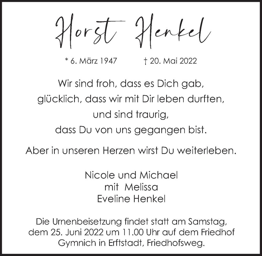  Traueranzeige für Horst Henkel vom 17.06.2022 aus  Werbepost 