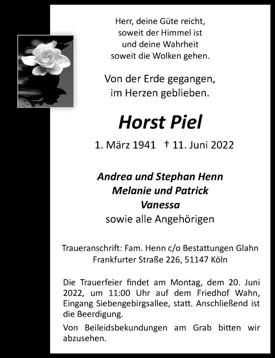 Anzeige von Horst Piel von  EXPRESS - Die Woche 