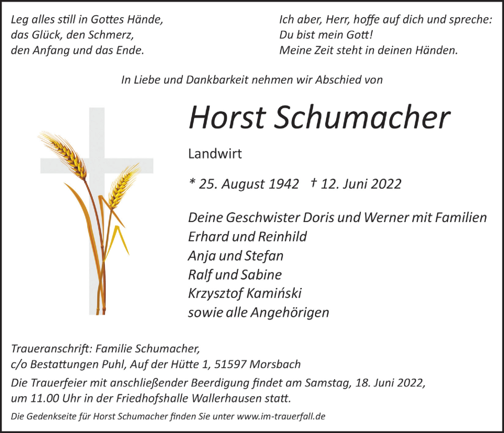  Traueranzeige für Horst Schumacher vom 17.06.2022 aus  Lokalanzeiger 