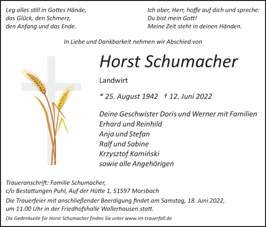 Anzeige von Horst Schumacher von Kölner Stadt-Anzeiger / Kölnische Rundschau / Express