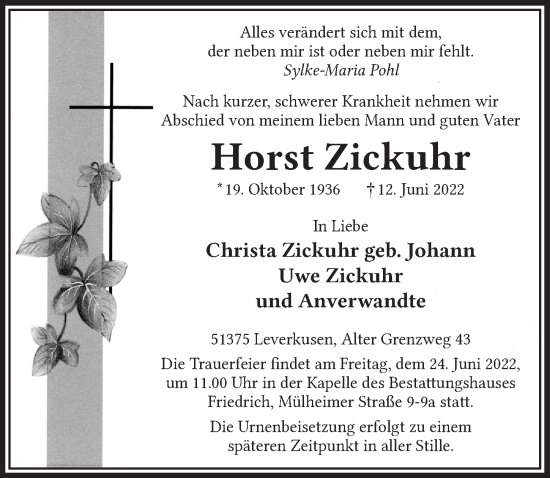 Anzeige von Horst Zickuhr von  Lokale Informationen 