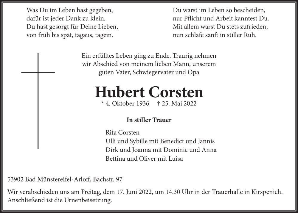  Traueranzeige für Hubert Corsten vom 11.06.2022 aus  Blickpunkt Euskirchen 