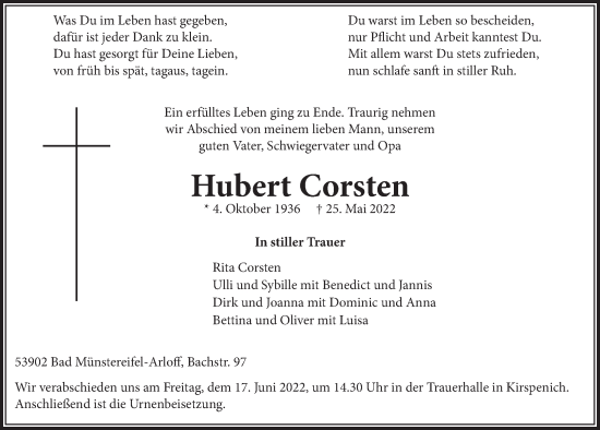 Anzeige von Hubert Corsten von  Blickpunkt Euskirchen 