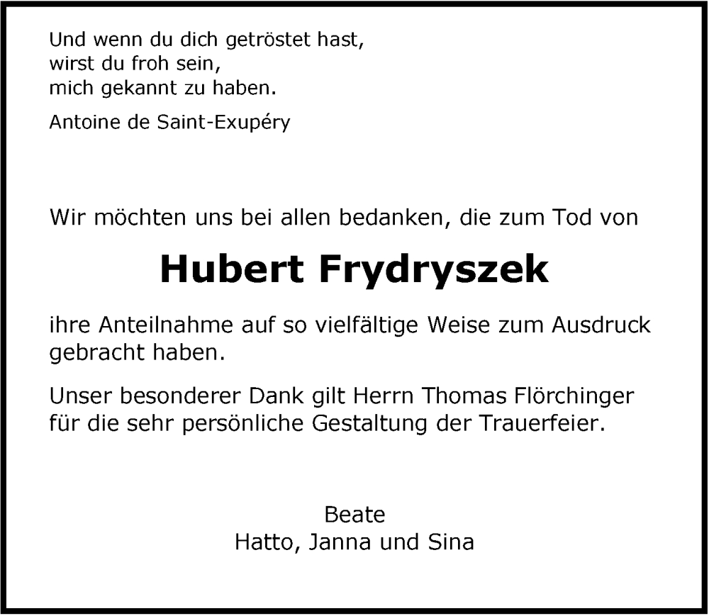  Traueranzeige für Hubert Frydryszek vom 03.06.2022 aus  Anzeigen Echo 