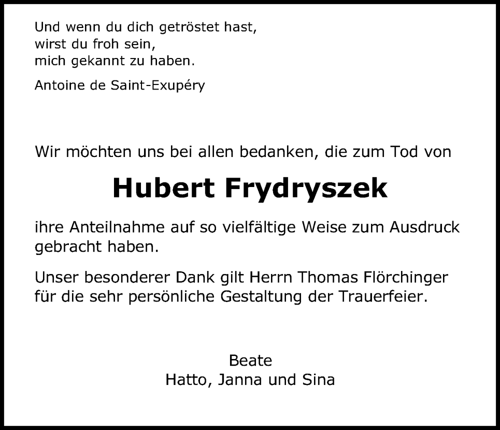  Traueranzeige für Hubert Frydryszek vom 04.06.2022 aus Kölner Stadt-Anzeiger / Kölnische Rundschau / Express