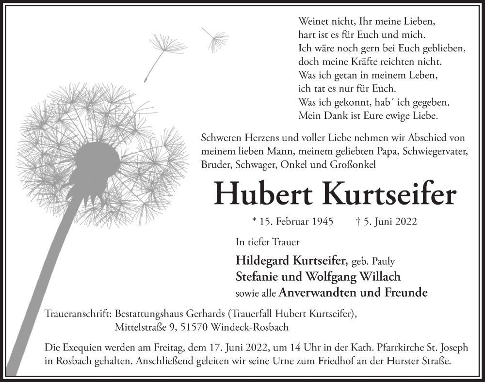  Traueranzeige für Hubert Kurtseifer vom 10.06.2022 aus  Lokalanzeiger 