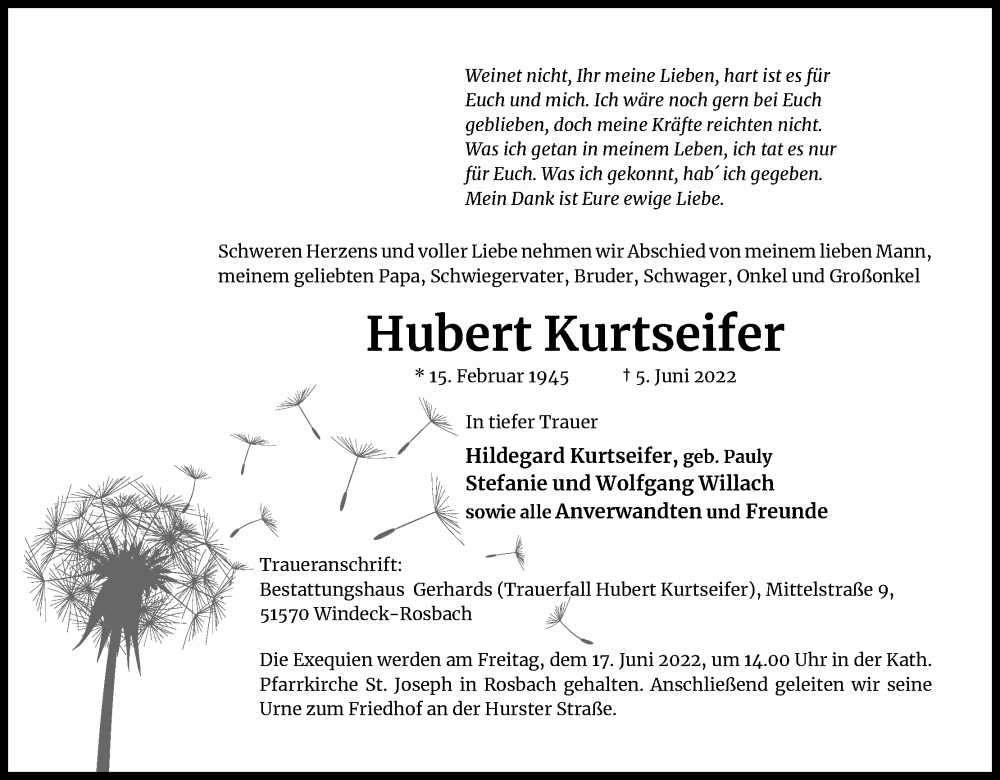  Traueranzeige für Hubert Kurtseifer vom 11.06.2022 aus Kölner Stadt-Anzeiger / Kölnische Rundschau / Express