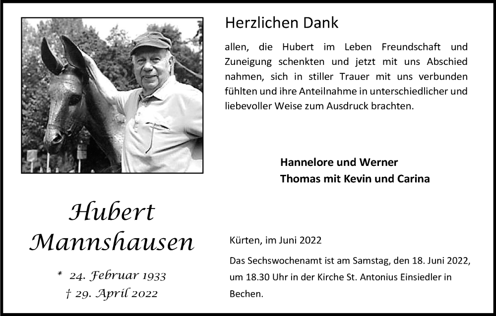  Traueranzeige für Hubert Mannshausen vom 11.06.2022 aus Kölner Stadt-Anzeiger / Kölnische Rundschau / Express