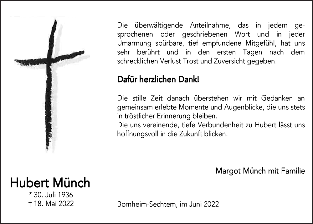  Traueranzeige für Hubert Münch vom 24.06.2022 aus  Schaufenster/Blickpunkt 