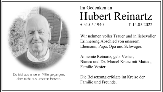 Anzeige von Hubert Reinartz von Kölner Stadt-Anzeiger / Kölnische Rundschau / Express