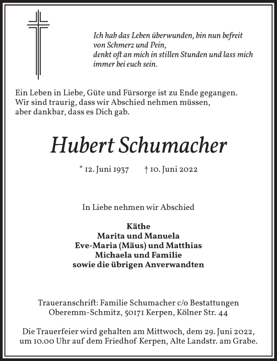 Anzeige von Hubert Schumacher von  Werbepost 