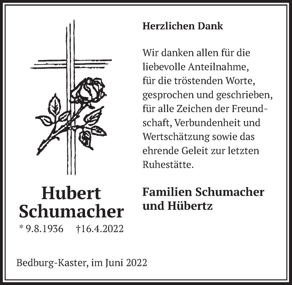  Traueranzeige für Hubert Schumacher vom 24.06.2022 aus  Werbepost 