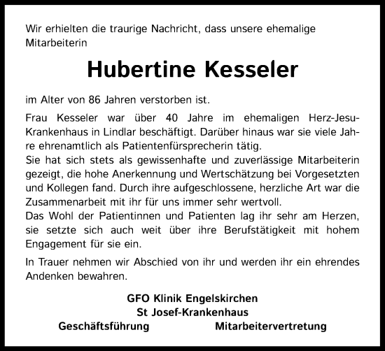 Anzeige von Hubertine Kesseler von Kölner Stadt-Anzeiger / Kölnische Rundschau / Express