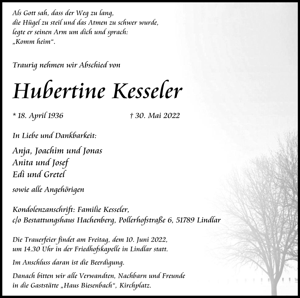  Traueranzeige für Hubertine Kesseler vom 04.06.2022 aus Kölner Stadt-Anzeiger / Kölnische Rundschau / Express