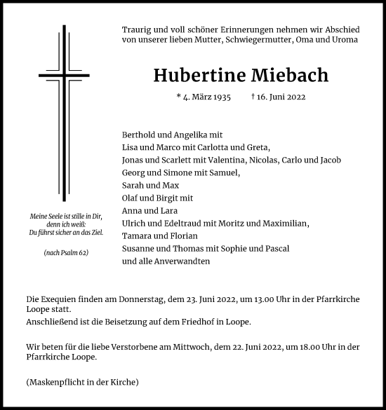 Anzeige von Hubertine Miebach von Kölner Stadt-Anzeiger / Kölnische Rundschau / Express