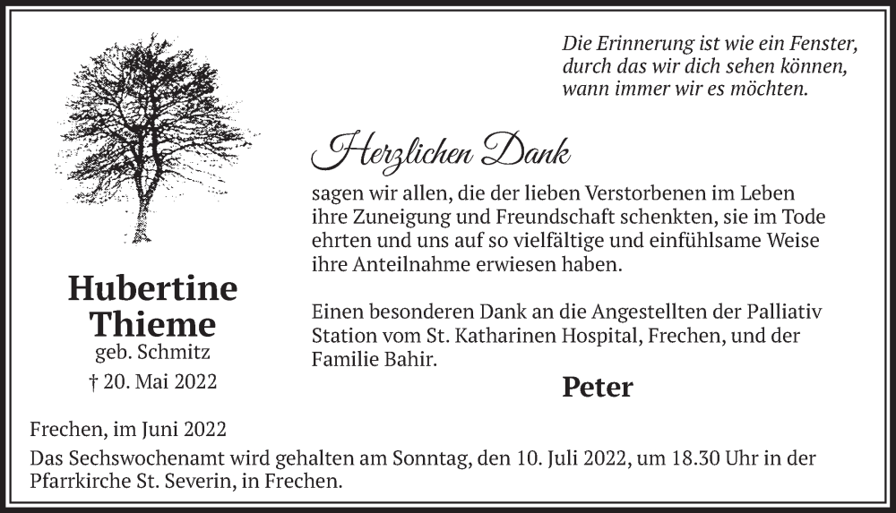  Traueranzeige für Hubertine Thieme vom 24.06.2022 aus  Wochenende 