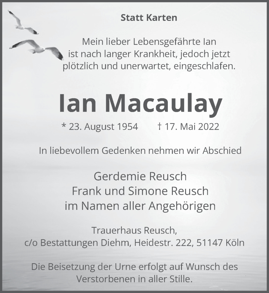  Traueranzeige für Ian Macaulay vom 03.06.2022 aus  EXPRESS - Die Woche 