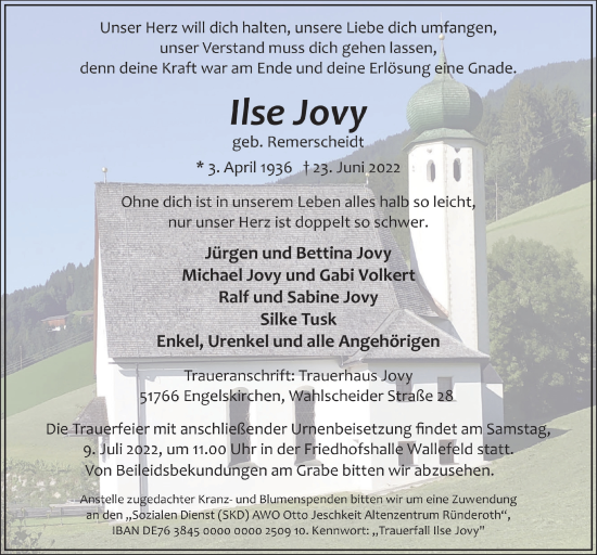 Anzeige von Ilse Jovy von  Anzeigen Echo 