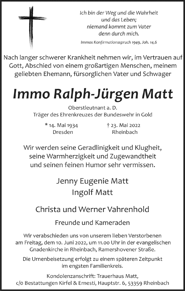  Traueranzeige für Immo Ralph-Jürgen Matt vom 03.06.2022 aus  Schaufenster/Blickpunkt 