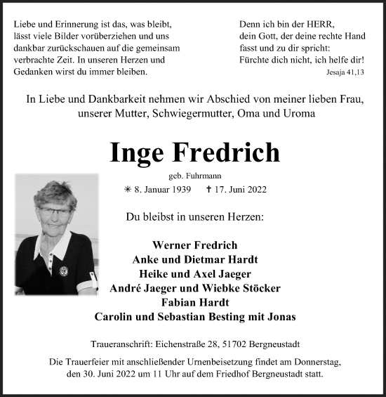 Anzeige von Inge Fredrich von Kölner Stadt-Anzeiger / Kölnische Rundschau / Express