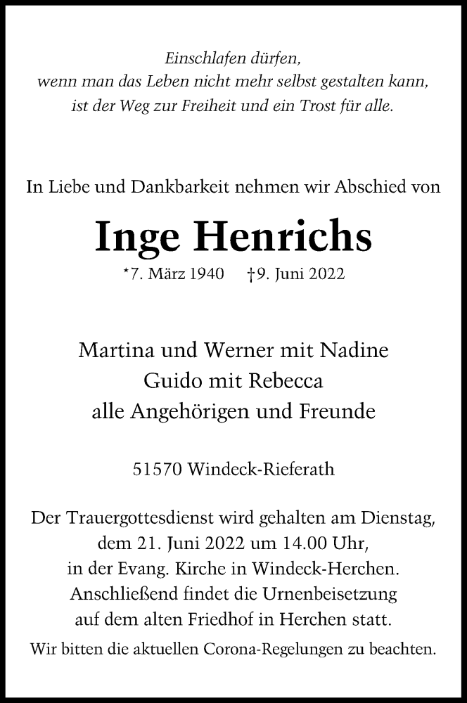  Traueranzeige für Inge Henrichs vom 18.06.2022 aus Kölner Stadt-Anzeiger / Kölnische Rundschau / Express