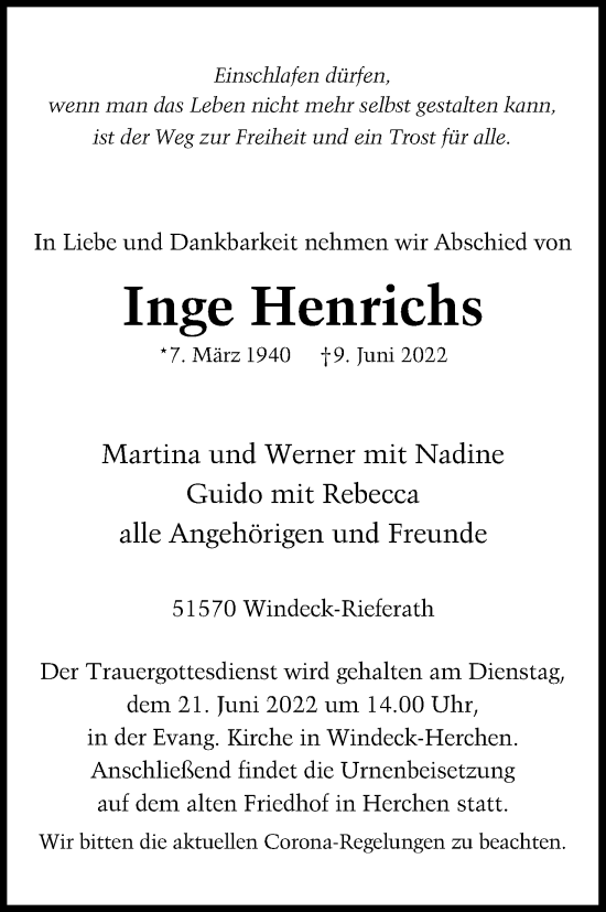 Anzeige von Inge Henrichs von Kölner Stadt-Anzeiger / Kölnische Rundschau / Express