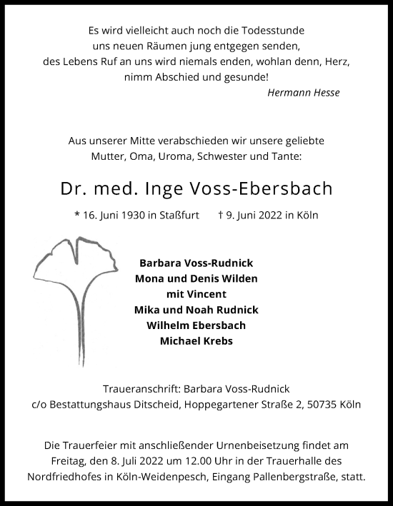 Anzeige von Inge Voss-Ebersbach von Kölner Stadt-Anzeiger / Kölnische Rundschau / Express