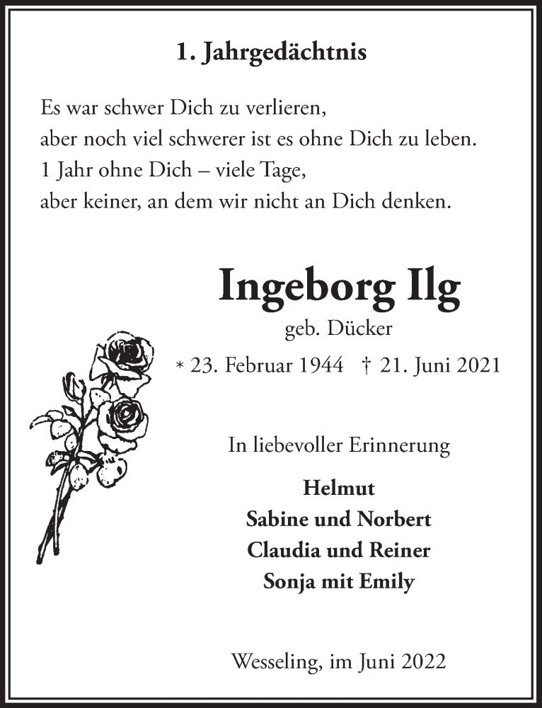  Traueranzeige für Ingeborg Ilg vom 17.06.2022 aus  Schlossbote/Werbekurier 