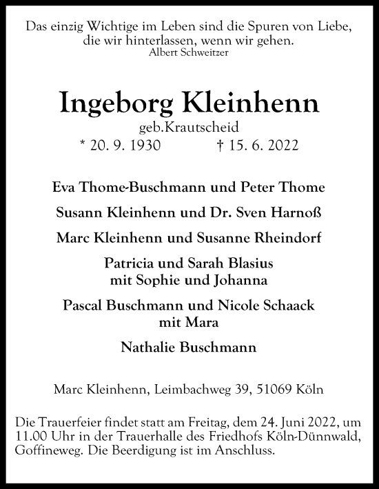 Anzeige von Ingeborg Kleinhenn von Kölner Stadt-Anzeiger / Kölnische Rundschau / Express
