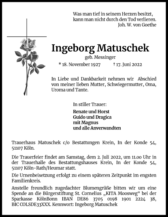 Anzeige von Ingeborg Matuschek von Kölner Stadt-Anzeiger / Kölnische Rundschau / Express