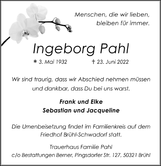 Anzeige von Ingeborg Pahl von  Schlossbote/Werbekurier 