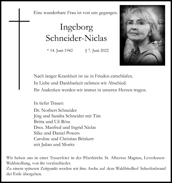 Anzeige von Ingeborg Schneider.Niclas von Kölner Stadt-Anzeiger / Kölnische Rundschau / Express