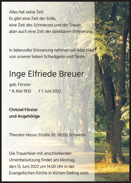 Anzeige von Inge Elfriede Breuer von Kölner Stadt-Anzeiger / Kölnische Rundschau / Express