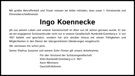 Anzeige von Ingo Koennecke von Kölner Stadt-Anzeiger / Kölnische Rundschau / Express