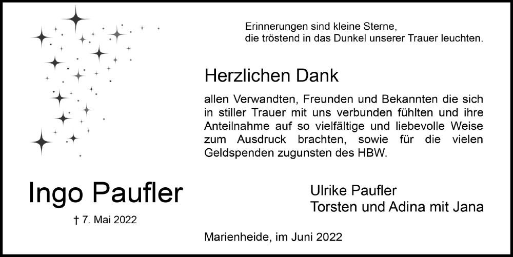  Traueranzeige für Ingo Paufler vom 24.06.2022 aus  Anzeigen Echo 