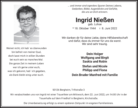 Anzeige von Ingrid Nießen von  Werbepost 