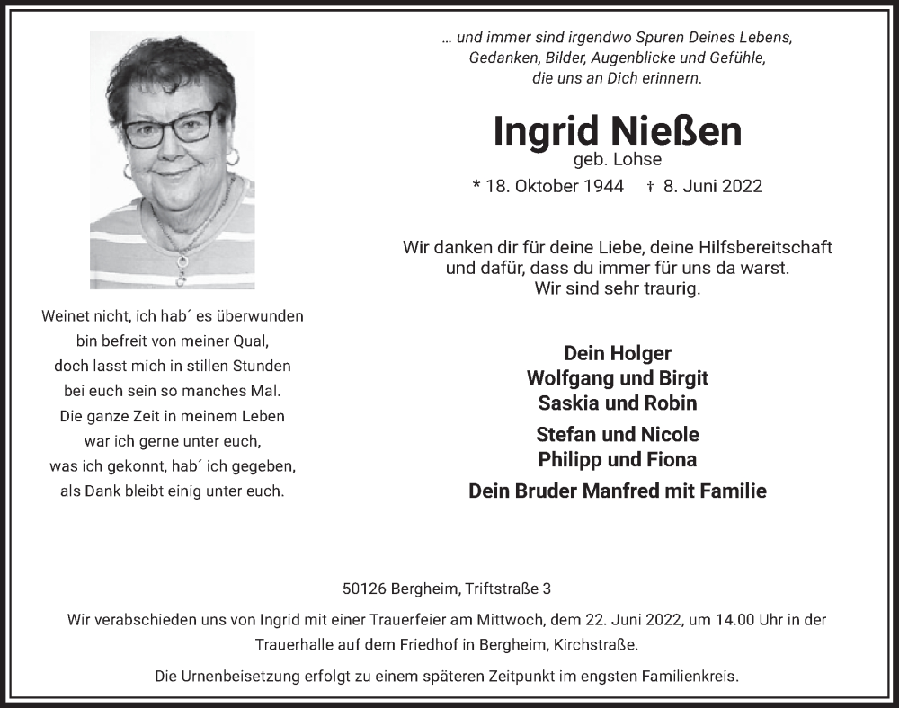  Traueranzeige für Ingrid Nießen vom 17.06.2022 aus  Werbepost 