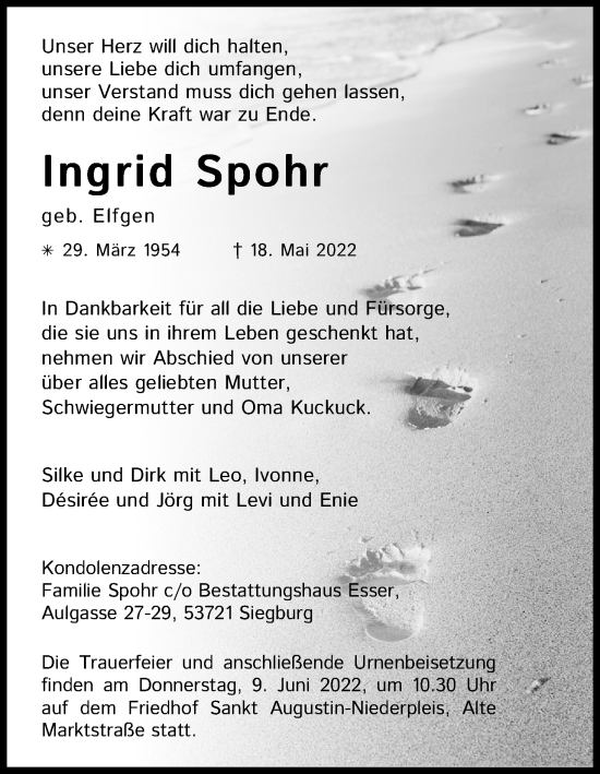 Anzeige von Ingrid Spohr von Kölner Stadt-Anzeiger / Kölnische Rundschau / Express